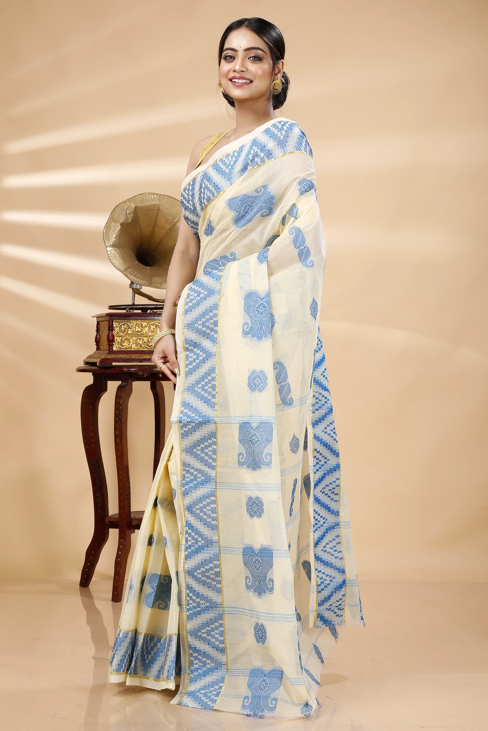 White Sky Blue Pure Cotton Gargi Tant Saree (913)