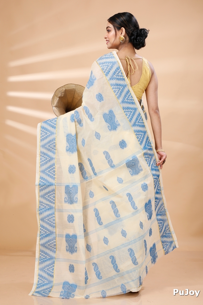 White Sky Blue Pure Cotton Gargi Tant Saree (913)