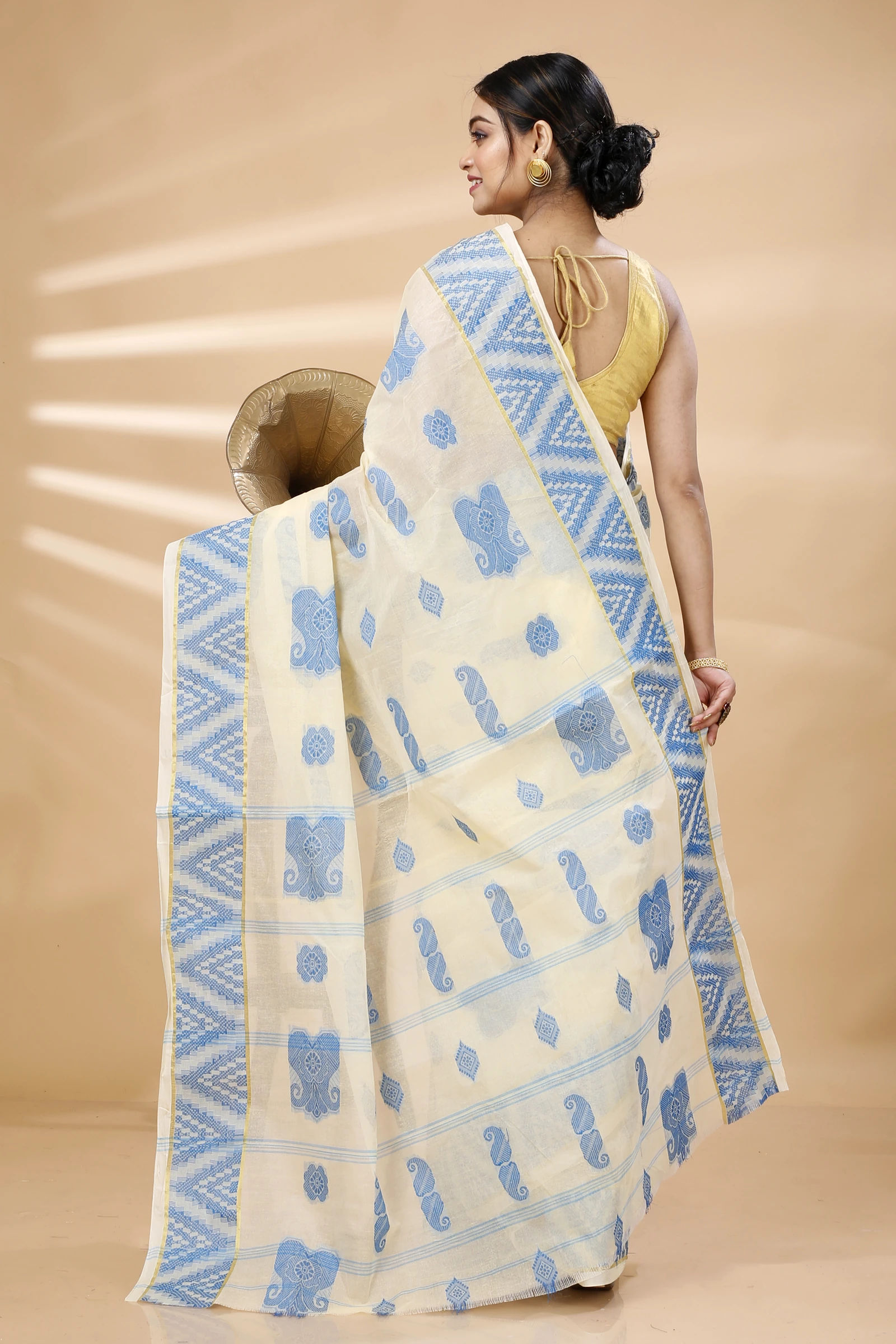 White Sky Blue Pure Cotton Gargi Tant Saree (913)