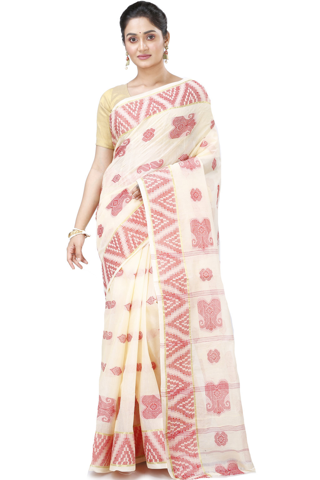 White Red Pure Cotton Gargi Tant Saree (914)