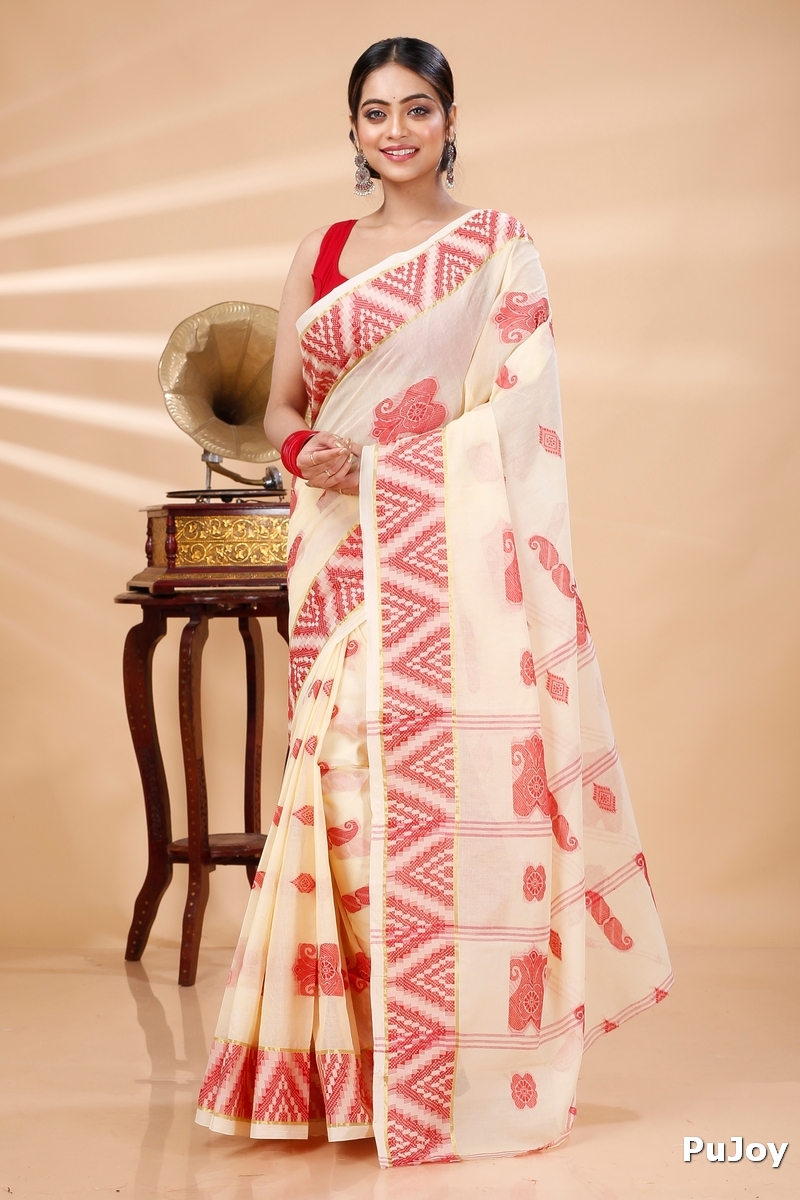White Red Pure Cotton Gargi Tant Saree (914)