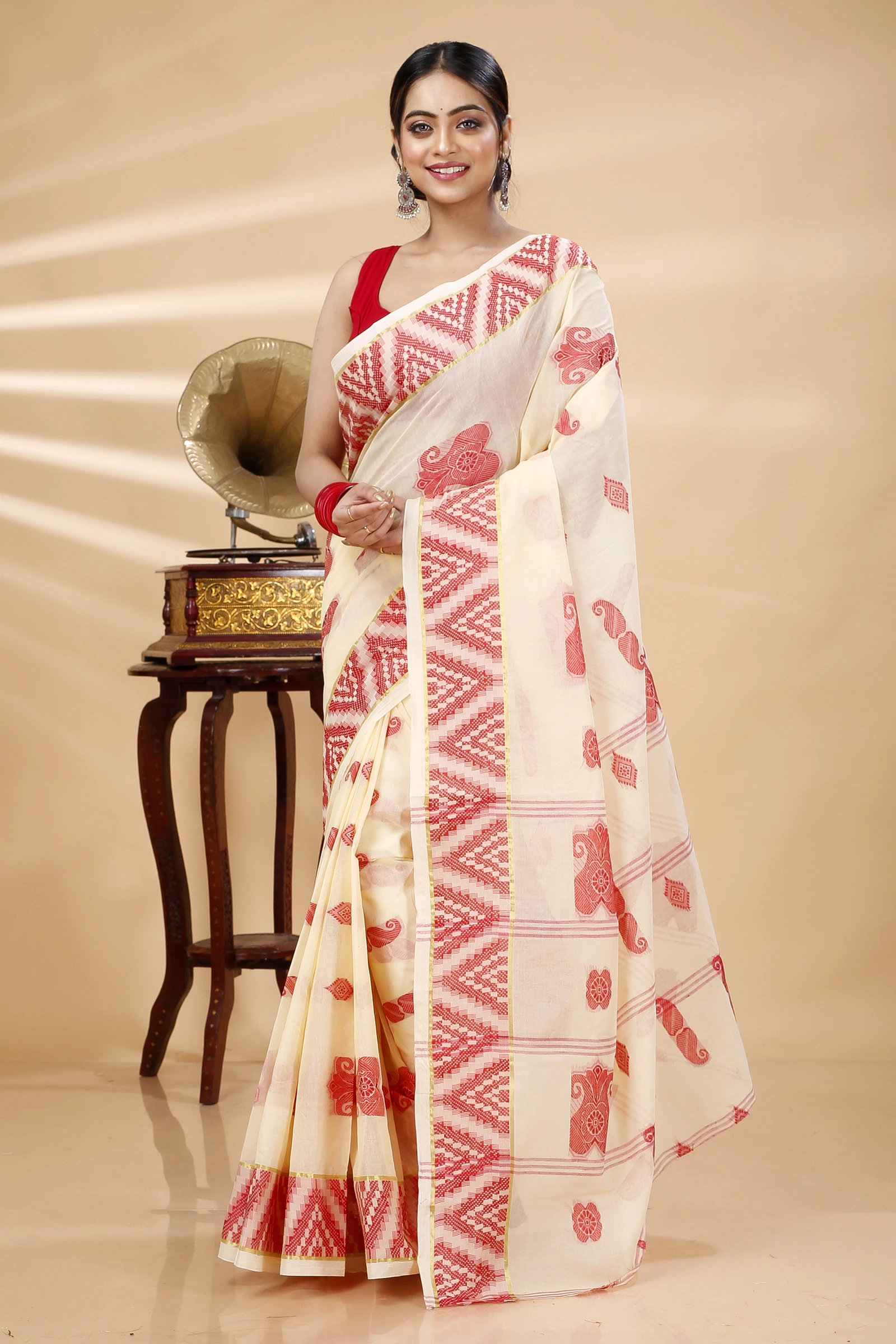 White Red Pure Cotton Gargi Tant Saree (914)