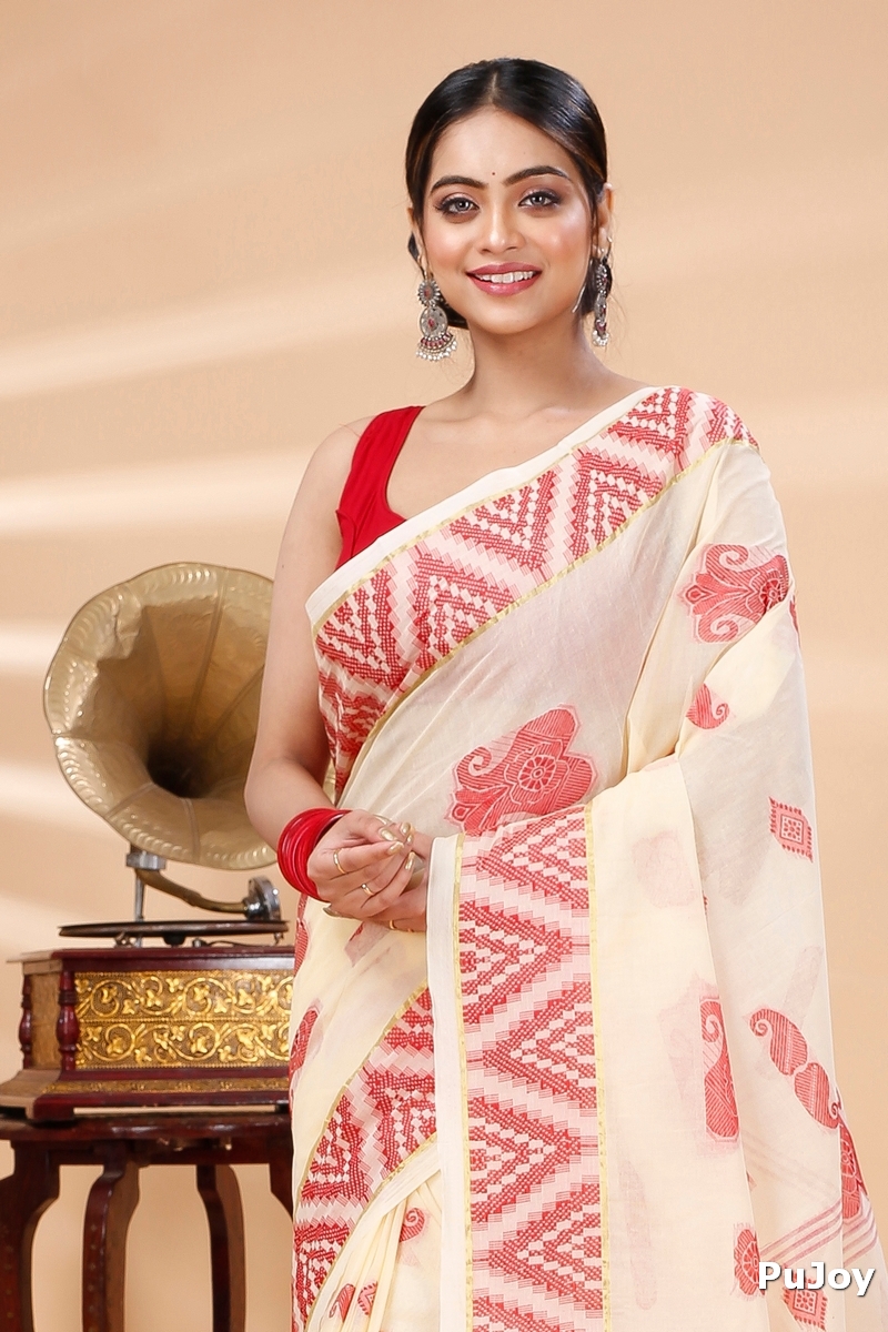 White Red Pure Cotton Gargi Tant Saree (914)