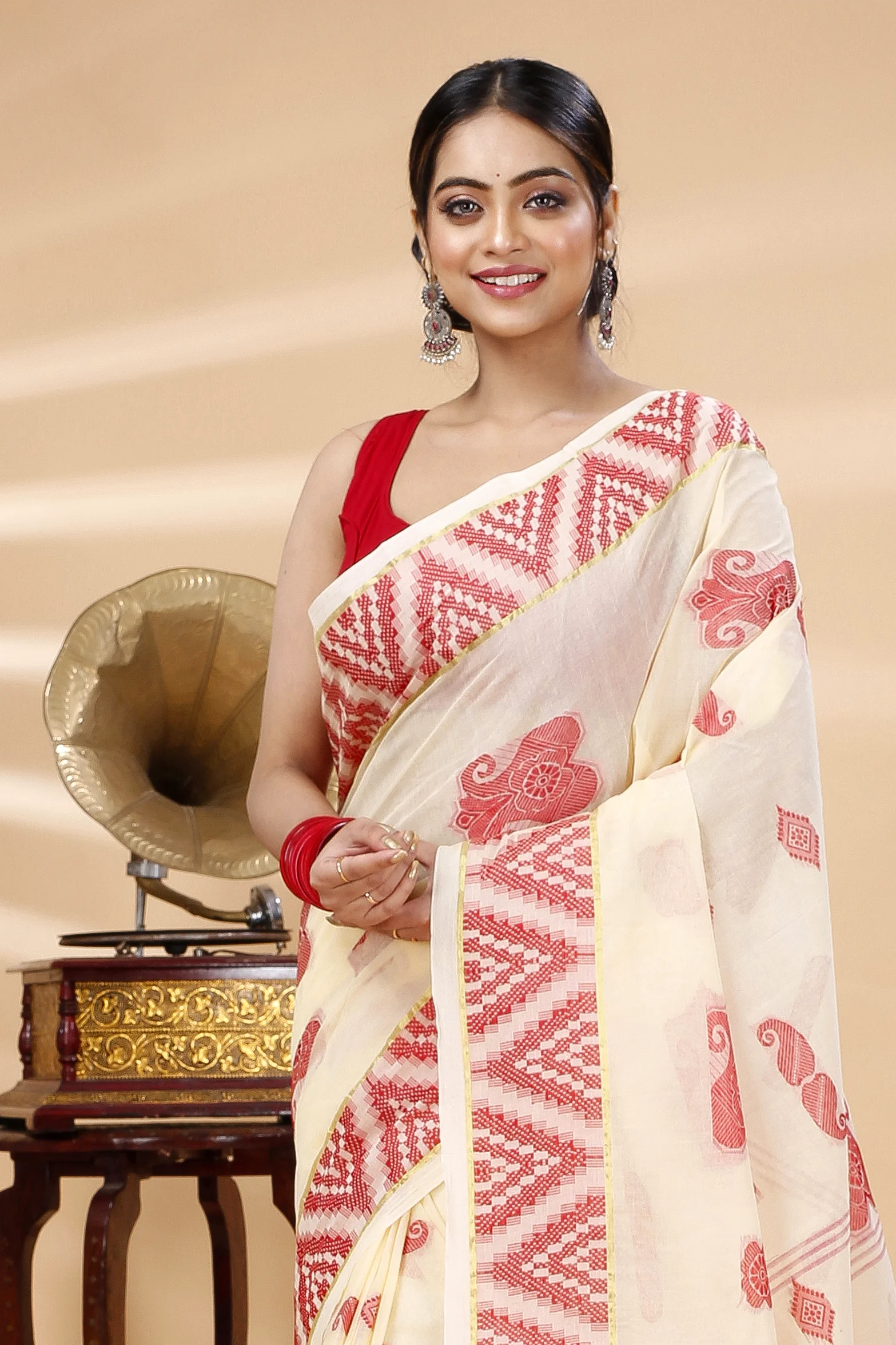 White Red Pure Cotton Gargi Tant Saree (914)