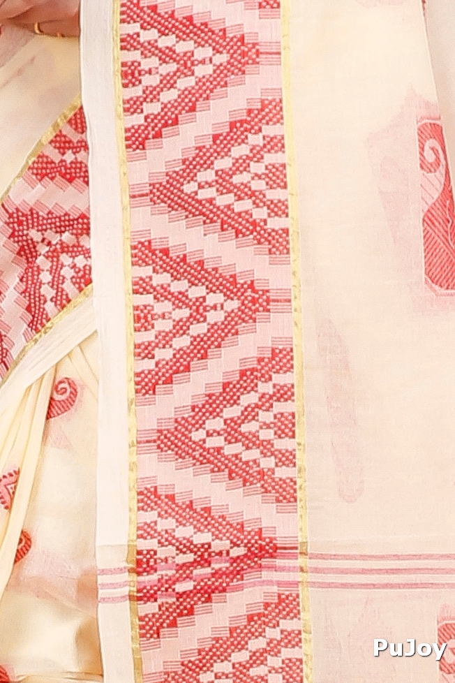 White Red Pure Cotton Gargi Tant Saree (914)