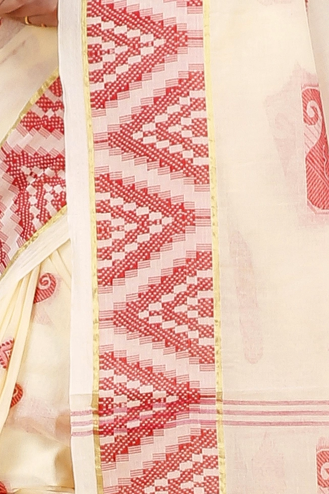 White Red Pure Cotton Gargi Tant Saree (914)