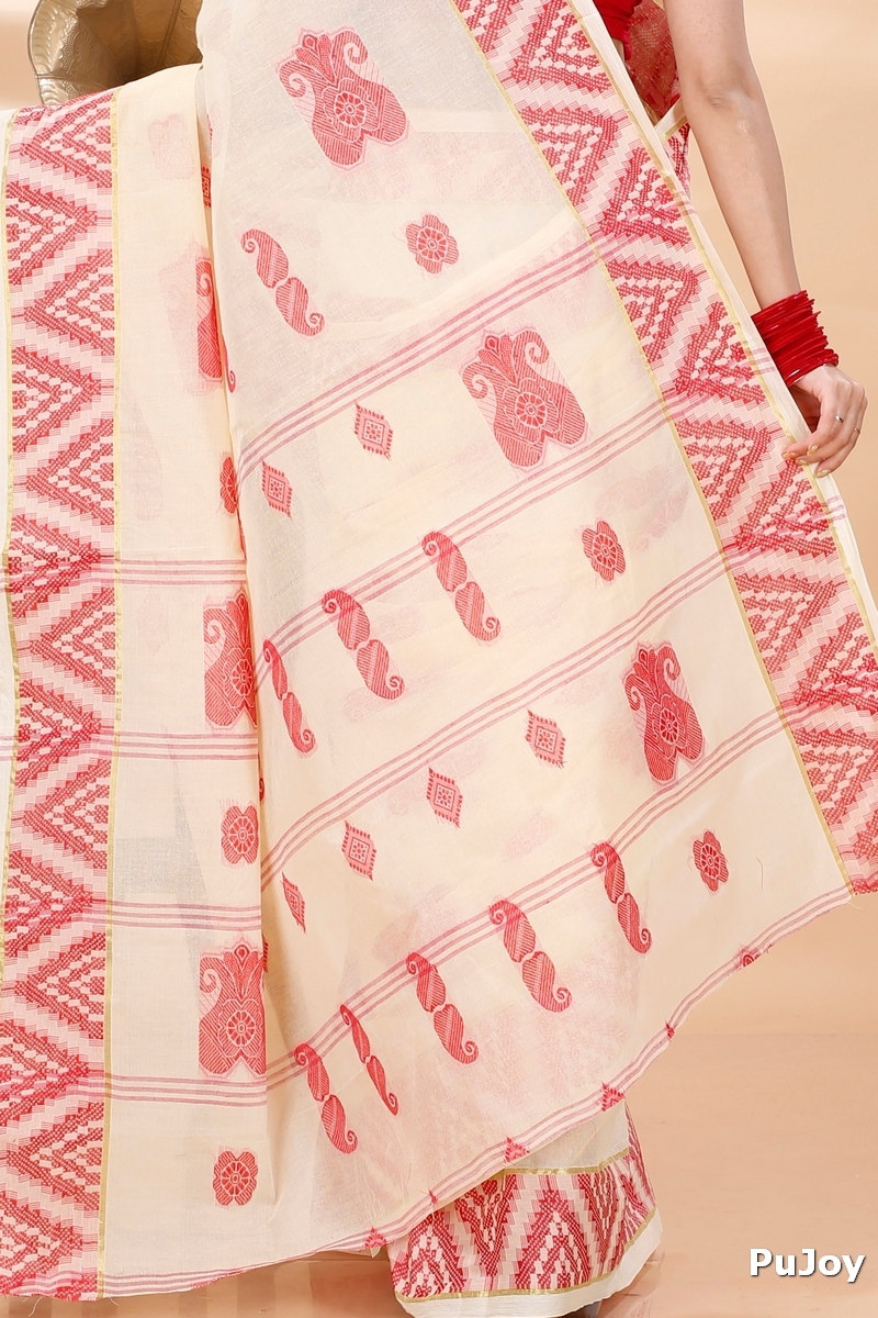 White Red Pure Cotton Gargi Tant Saree (914)