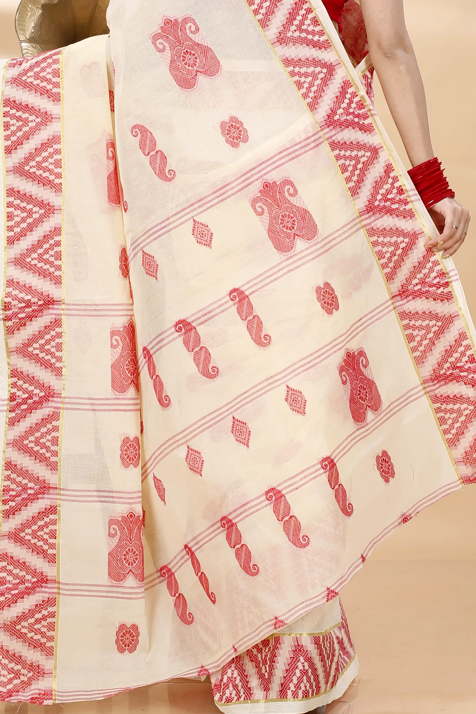 White Red Pure Cotton Gargi Tant Saree (914)