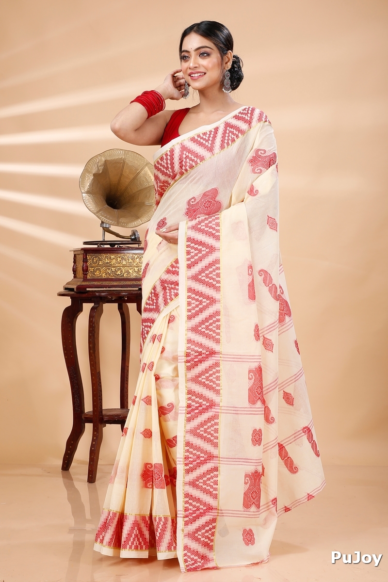 White Red Pure Cotton Gargi Tant Saree (914)