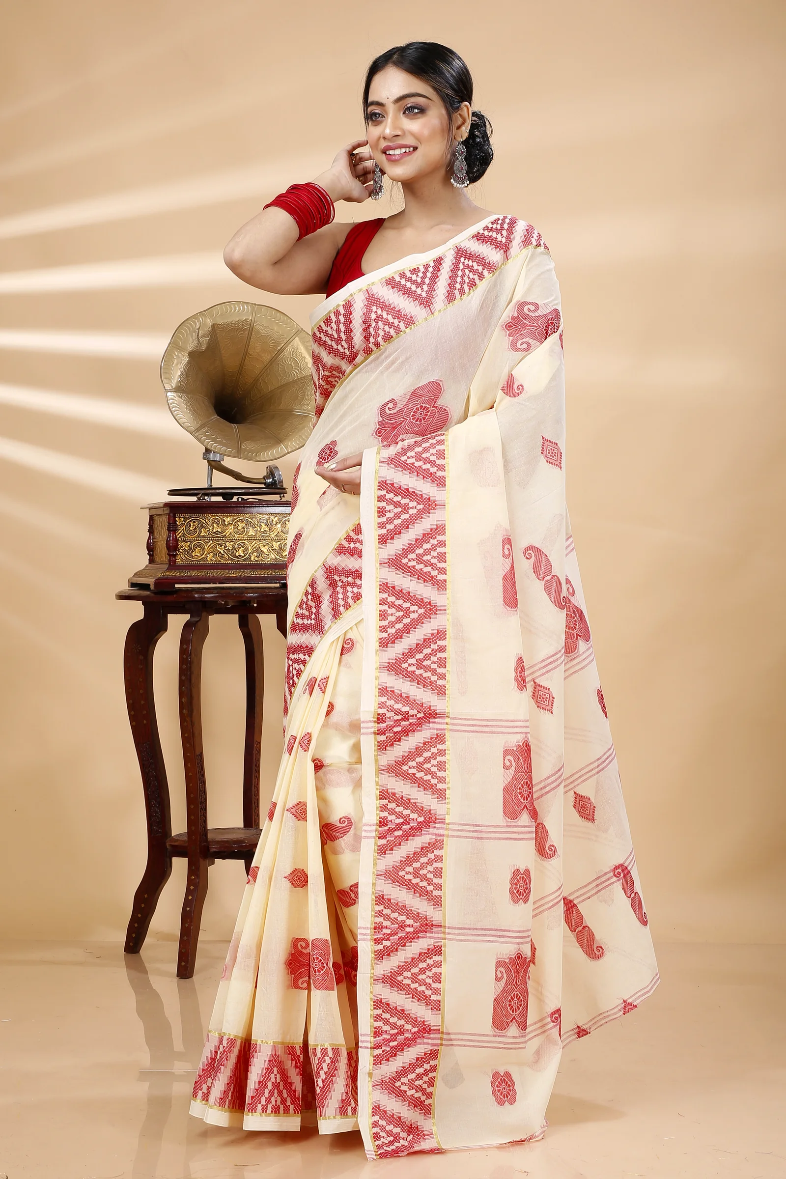 White Red Pure Cotton Gargi Tant Saree (914)
