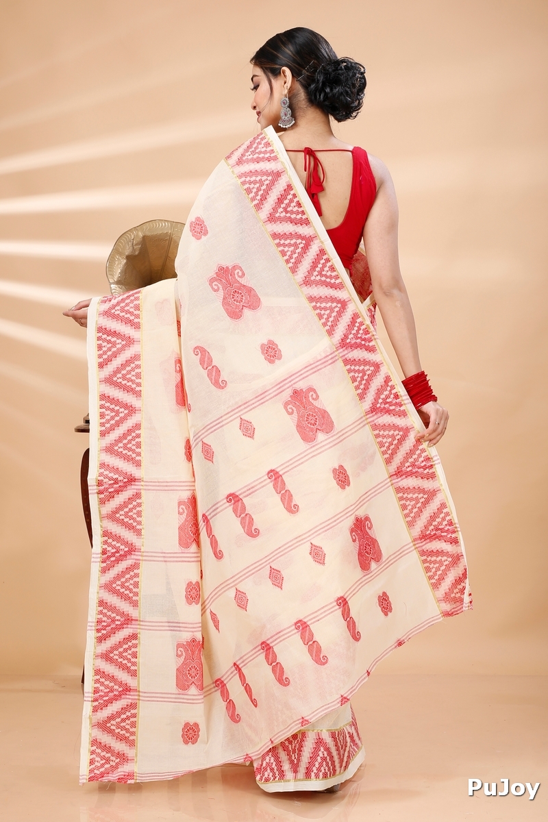 White Red Pure Cotton Gargi Tant Saree (914)