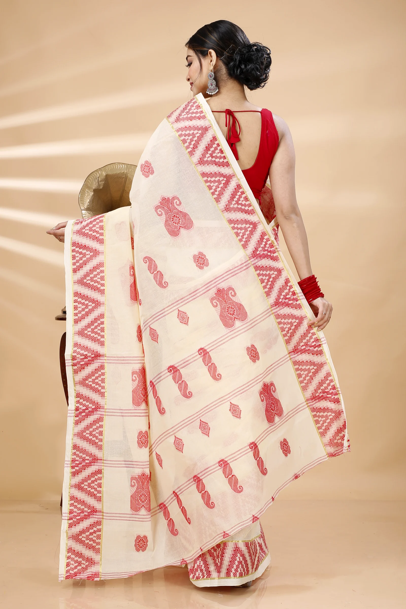 White Red Pure Cotton Gargi Tant Saree (914)