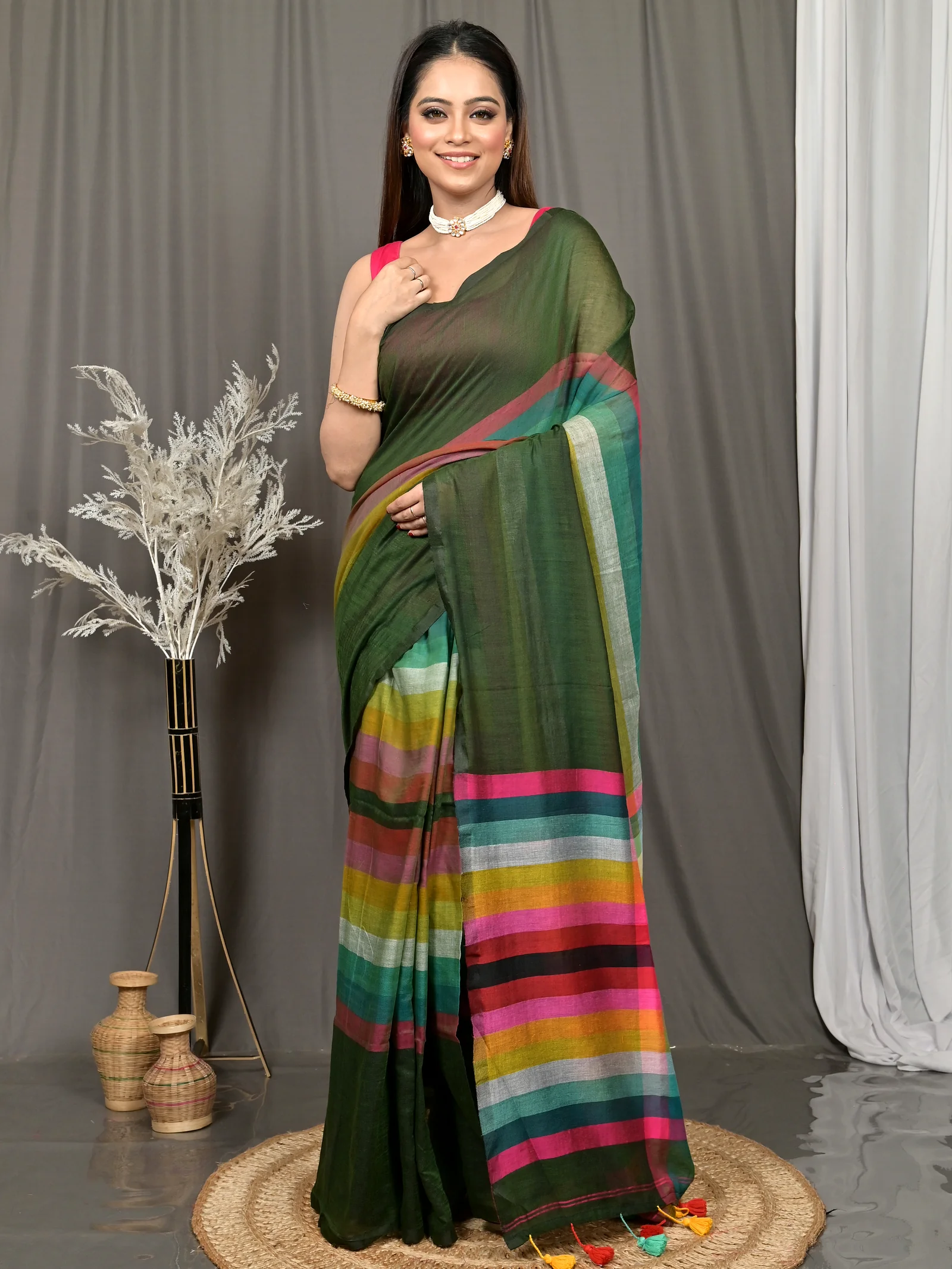 Dark Green Cotton Sounur Handloom Saree  (92)