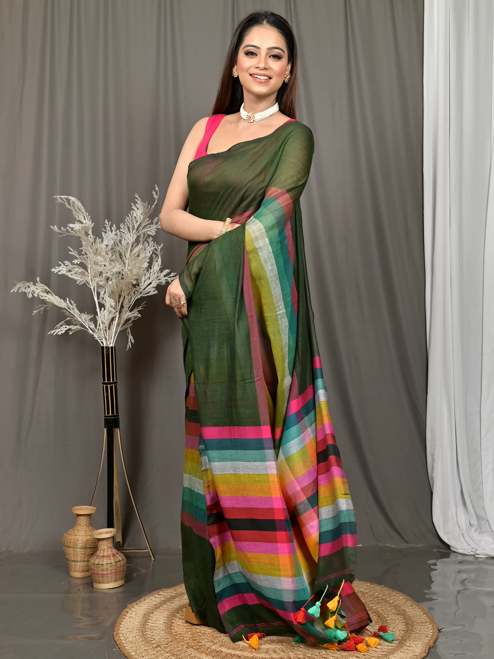 Dark Green Cotton Sounur Handloom Saree  (92)