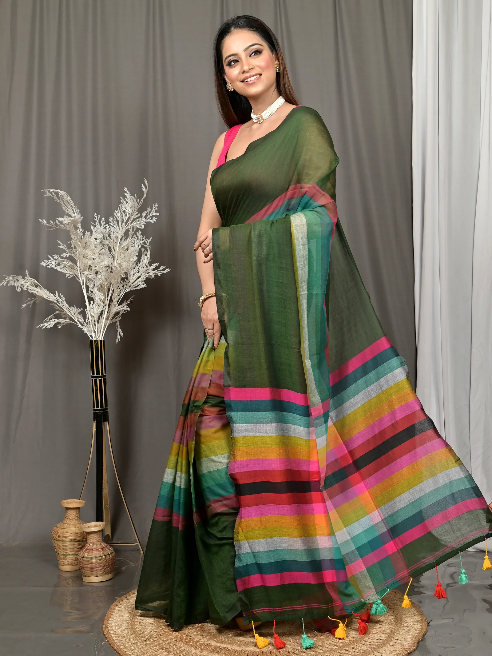 Dark Green Cotton Sounur Handloom Saree  (92)