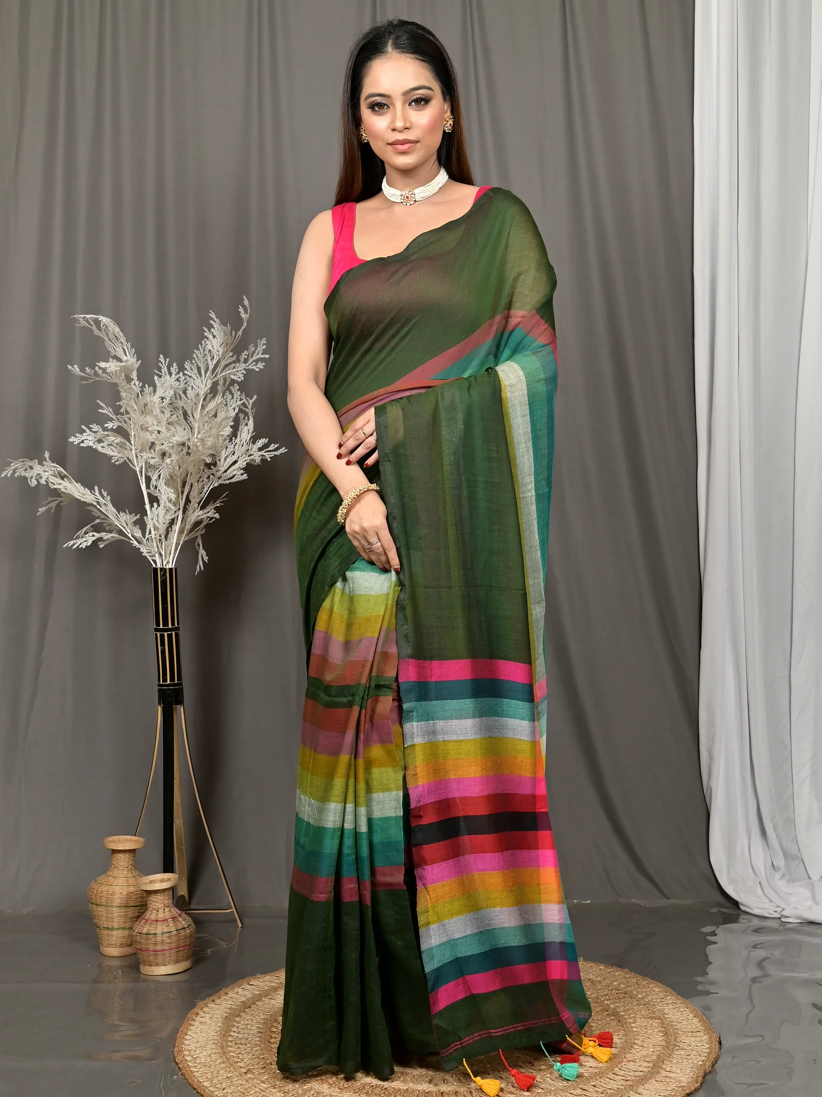 Dark Green Cotton Sounur Handloom Saree  (92)