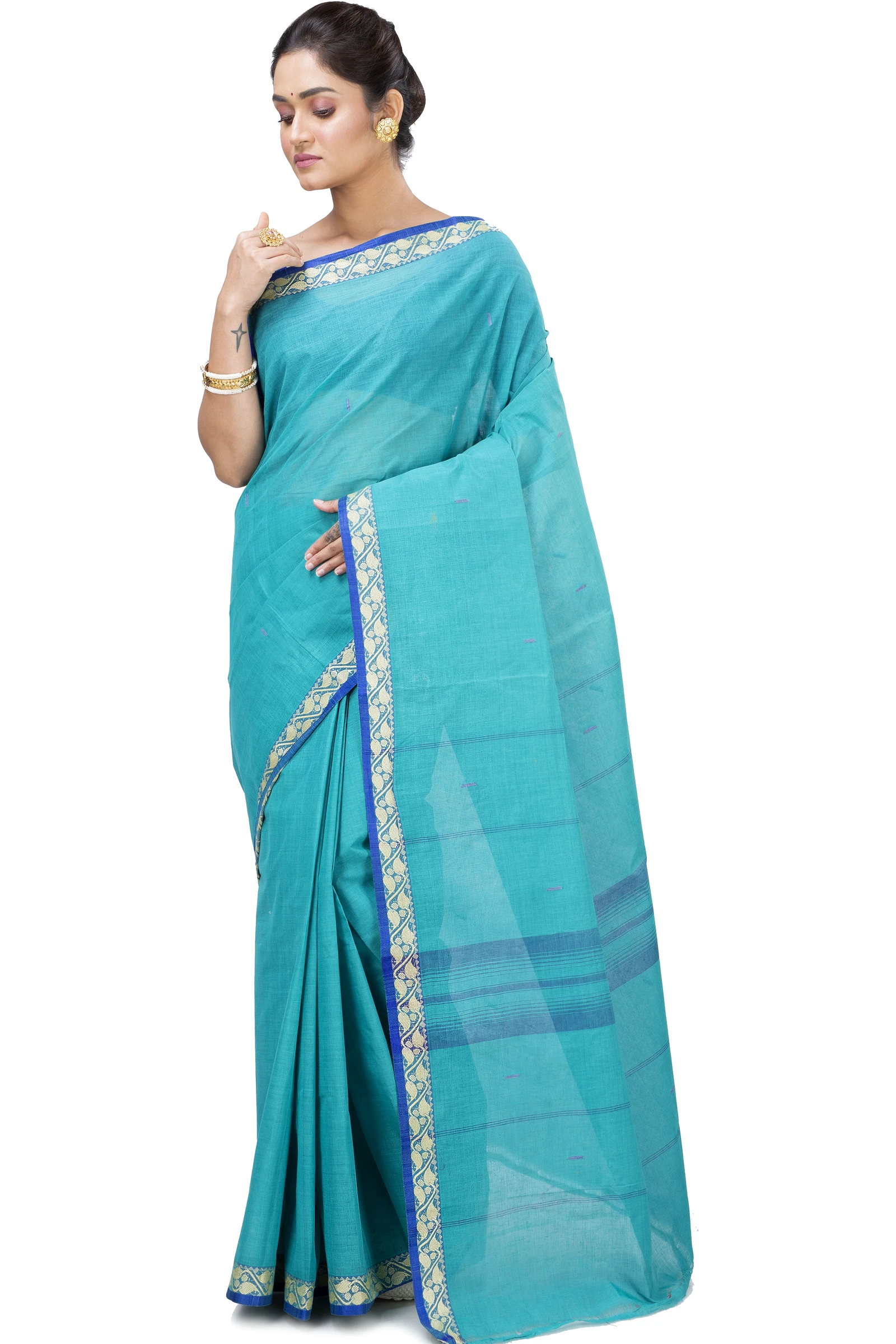 See Blue Pure Cotton Gaela Tant Saree (920)