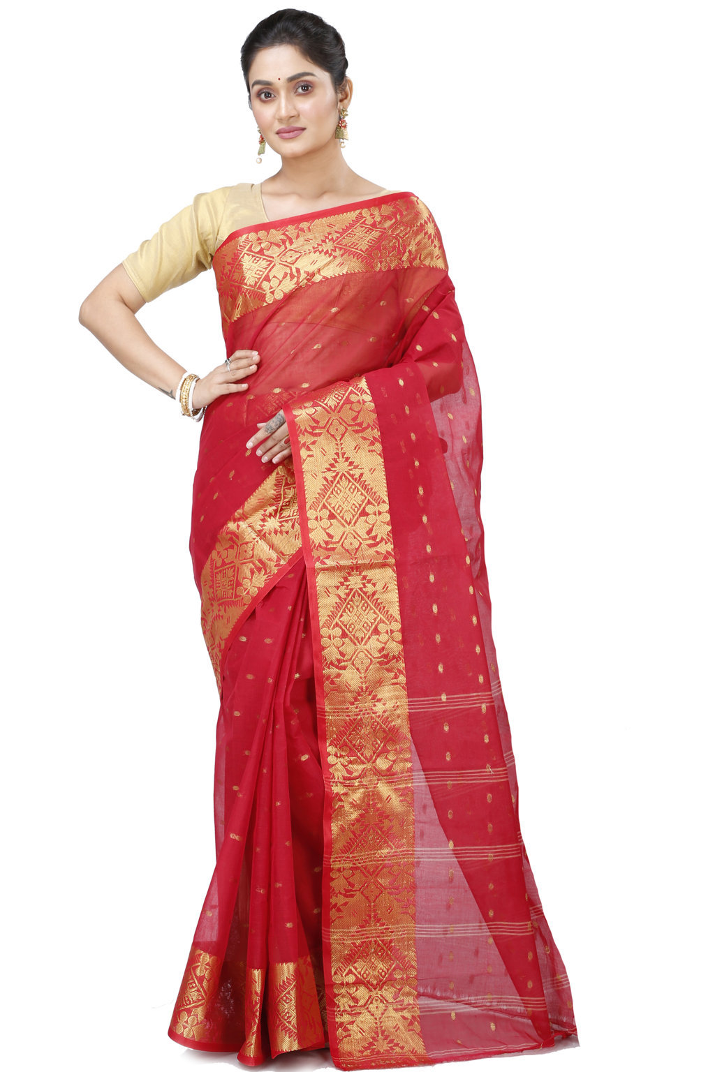 Red Pure Cotton Gopa Tant Saree (927)