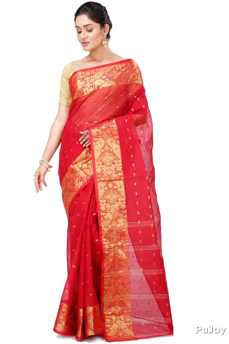 Red Pure Cotton Gopa Tant Saree (927)