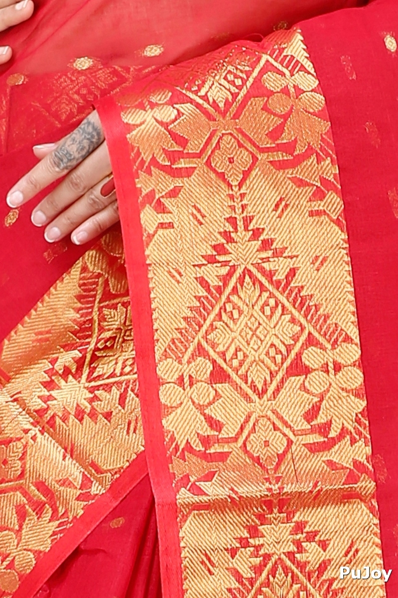 Red Pure Cotton Gopa Tant Saree (927)