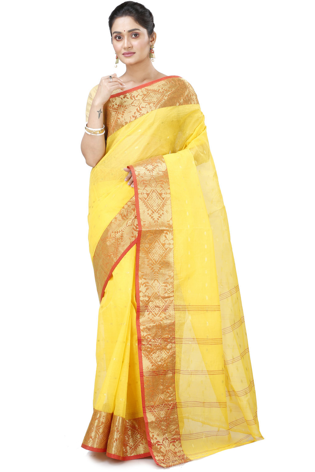 Yellow Pure Cotton Gopa Tant Saree (928)