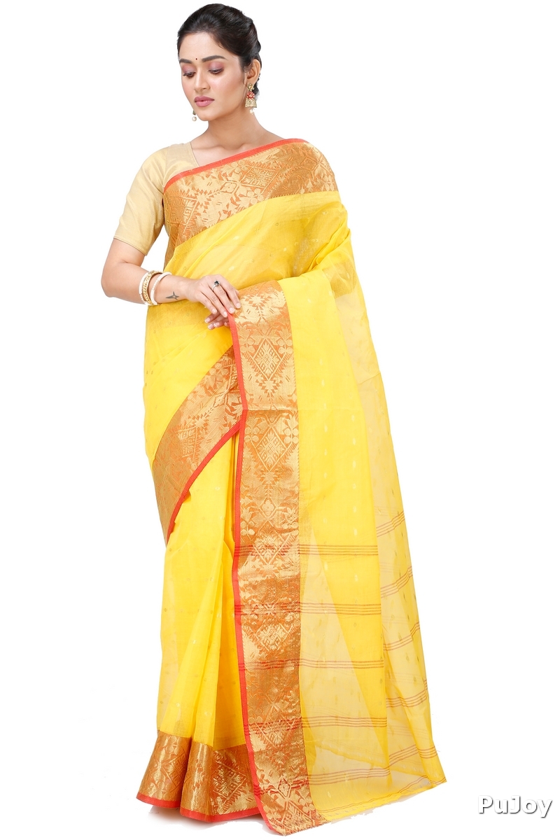 Yellow Pure Cotton Gopa Tant Saree (928)