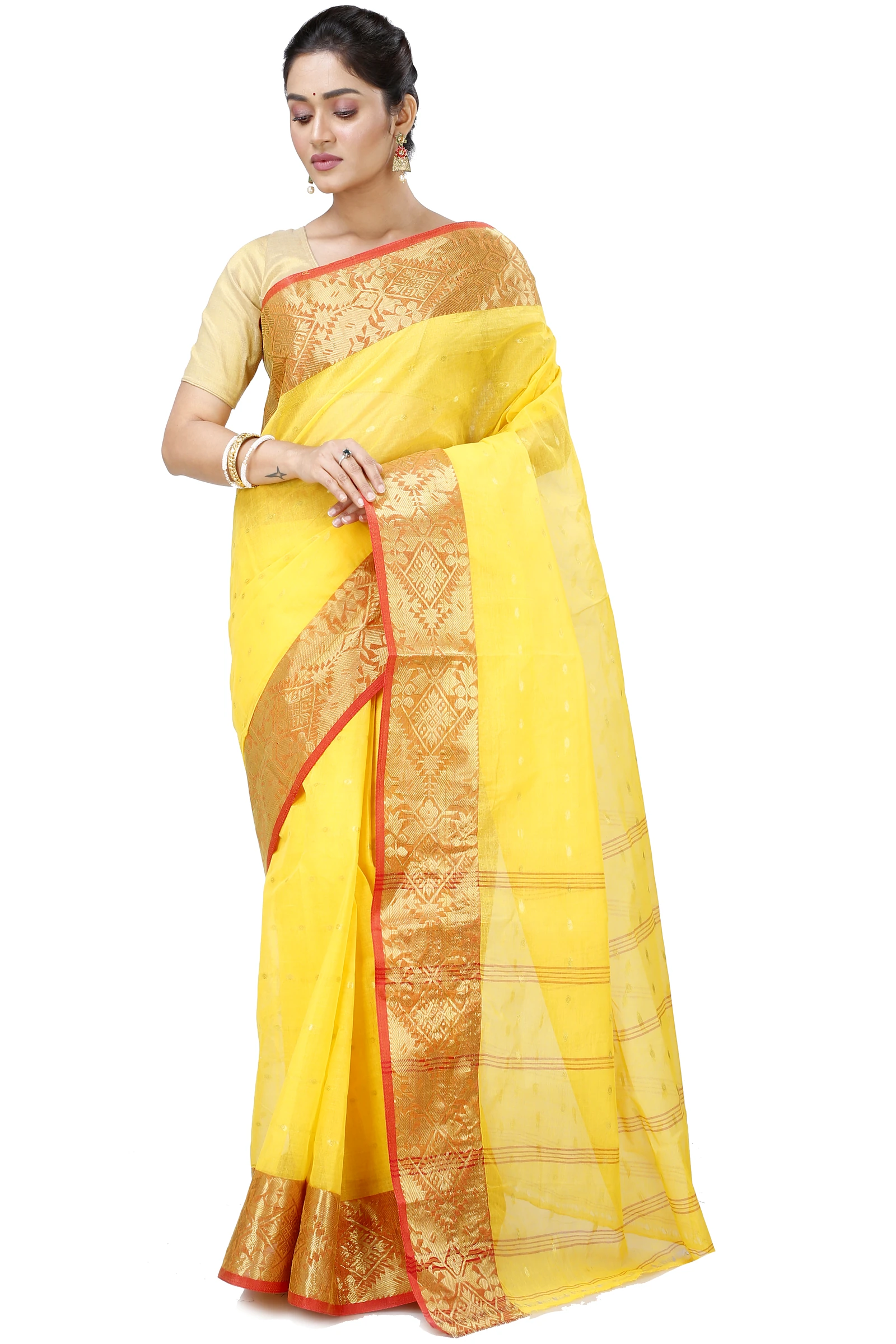 Yellow Pure Cotton Gopa Tant Saree (928)