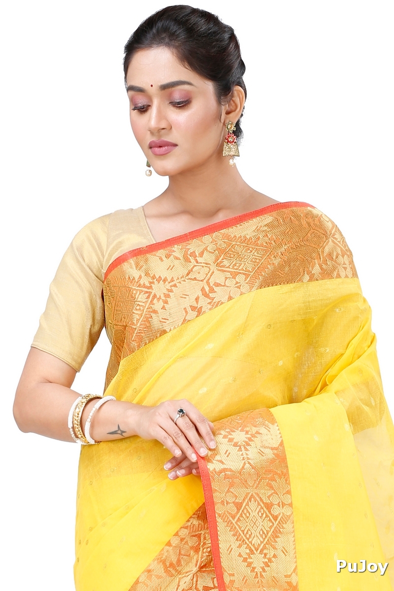 Yellow Pure Cotton Gopa Tant Saree (928)