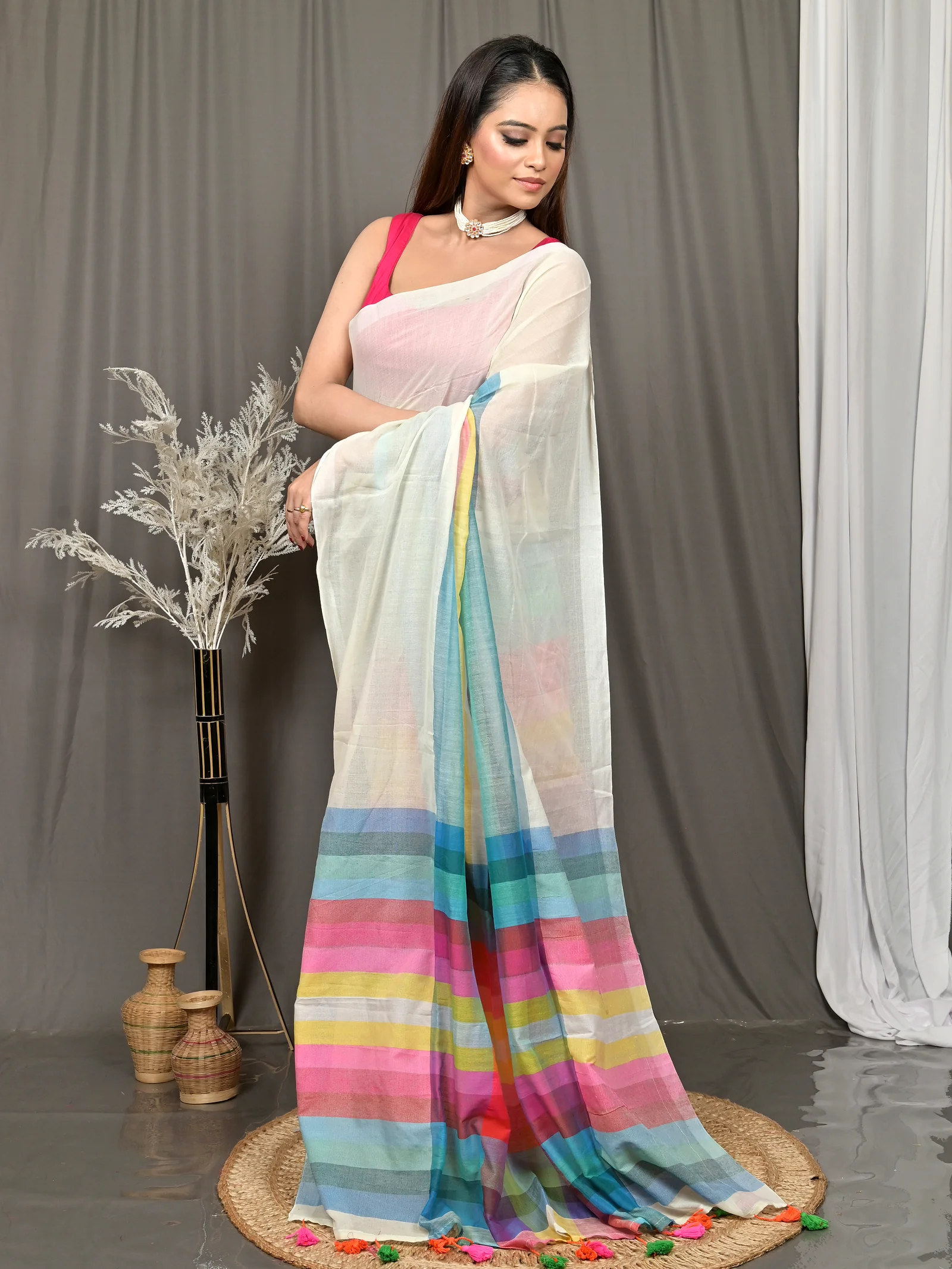 White Cotton Sounur Handloom Saree  (93)
