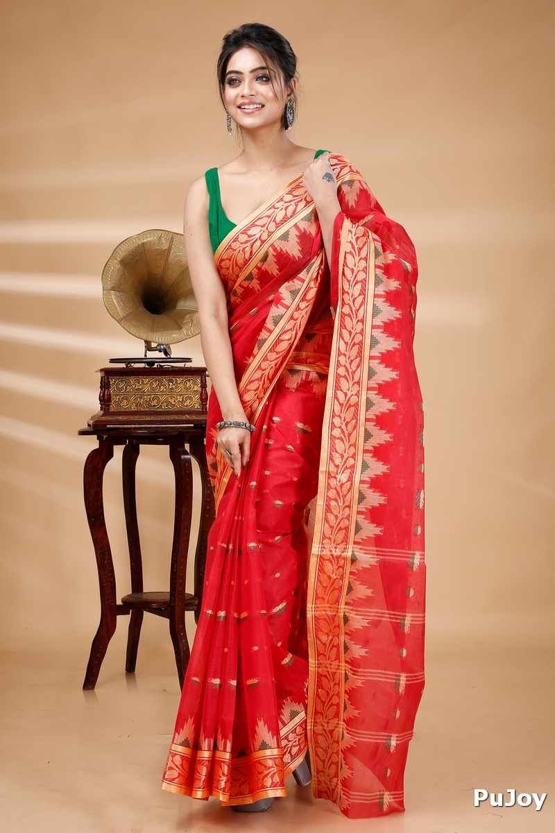 Red Pure Cotton Gunjan Tant Saree (932)