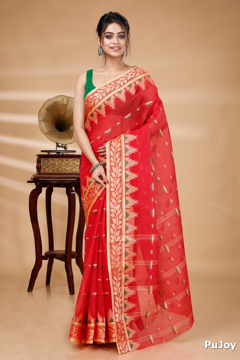 Red Pure Cotton Gunjan Tant Saree (932)