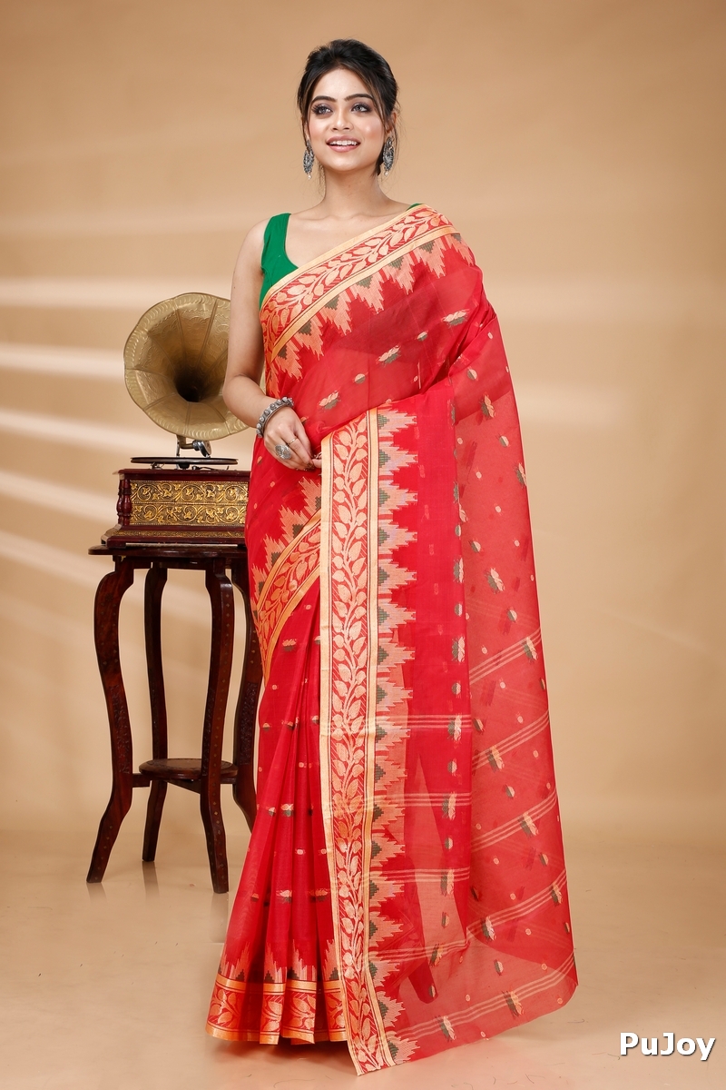 Red Pure Cotton Gunjan Tant Saree (932)