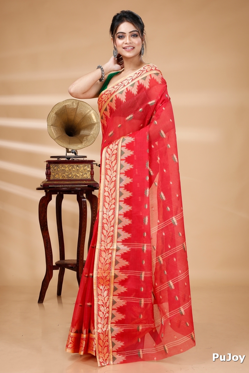 Red Pure Cotton Gunjan Tant Saree (932)