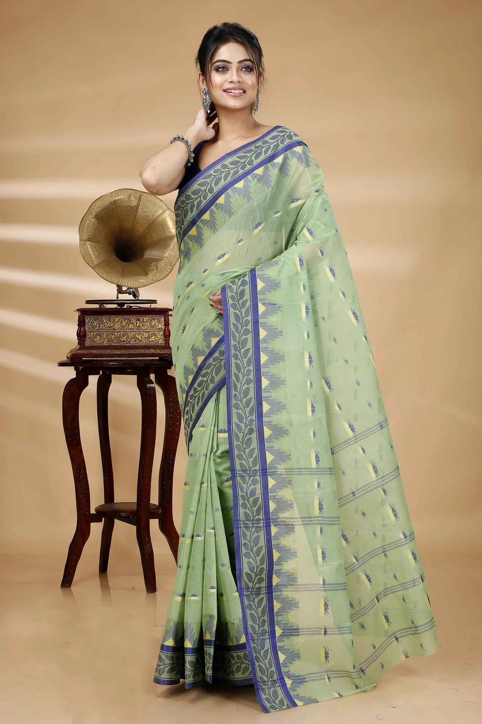 See Green Pure Cotton Gunjan Tant Saree (935)