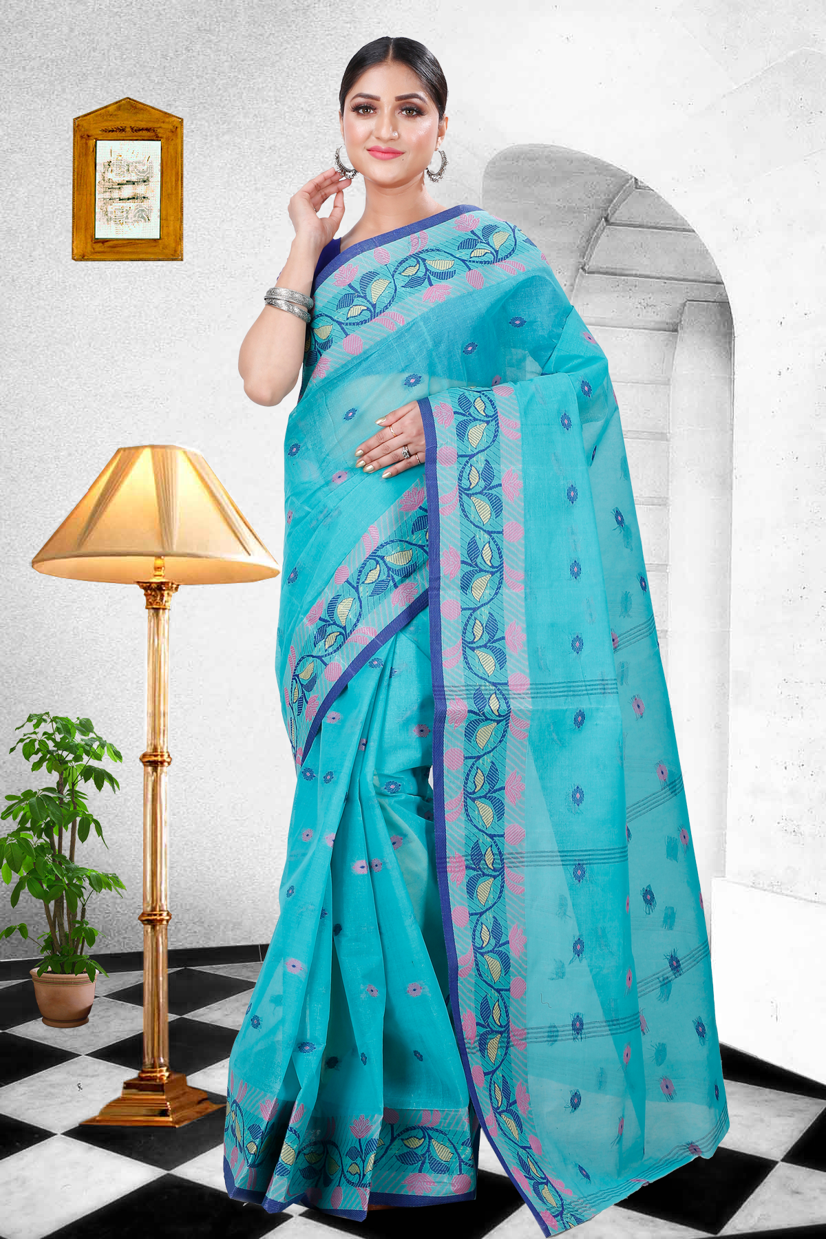 See Green Pure Cotton Govindi Tant Saree (936)