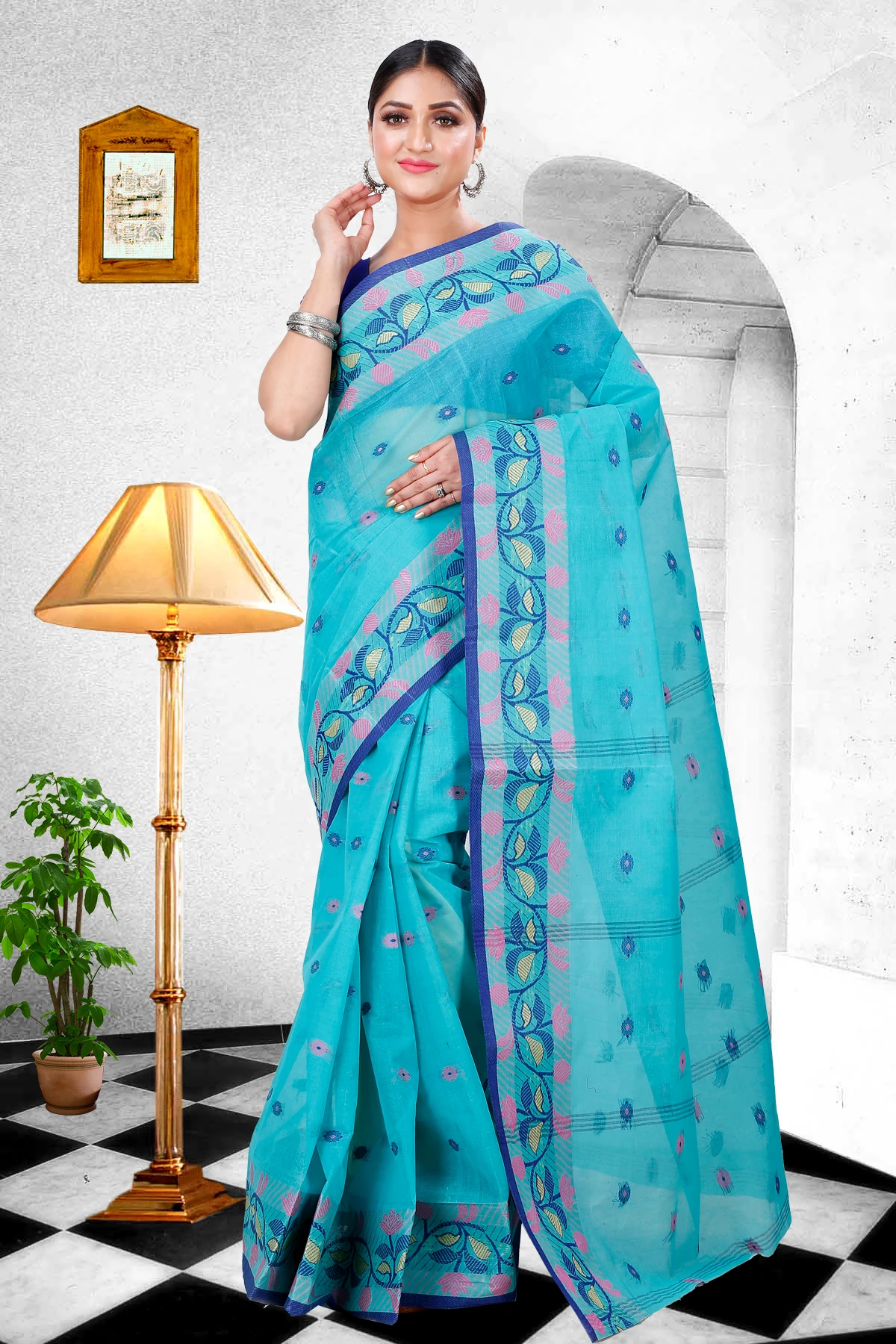 See Green Pure Cotton Govindi Tant Saree (936)