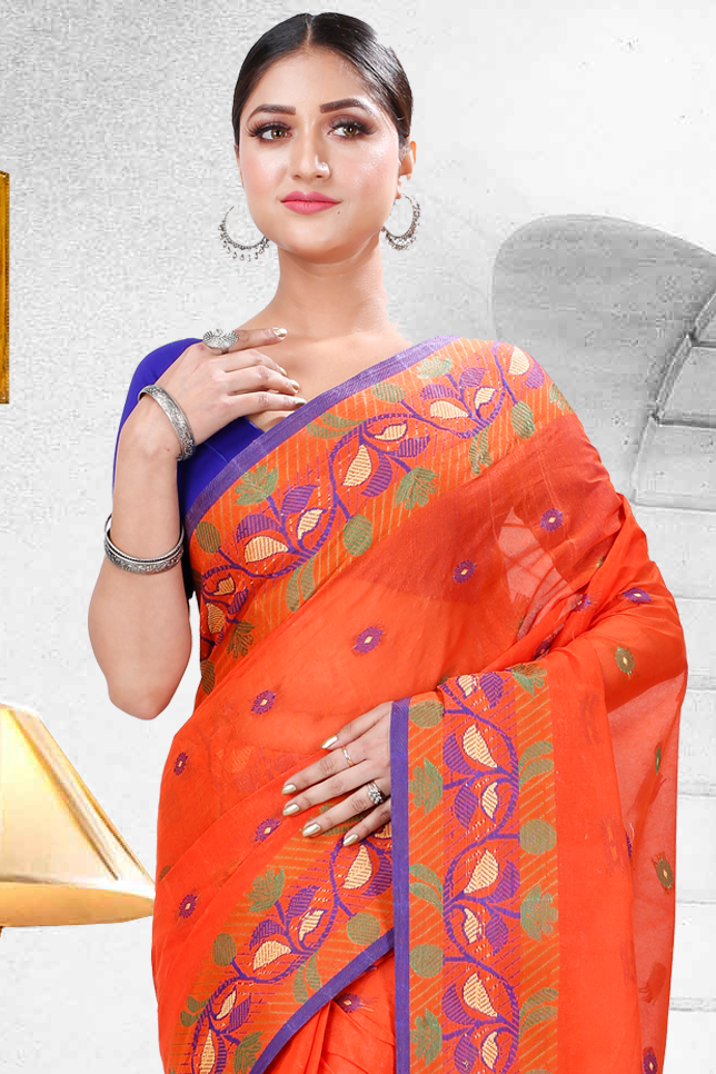 Orange Pure Cotton Govindi Tant Saree (937)