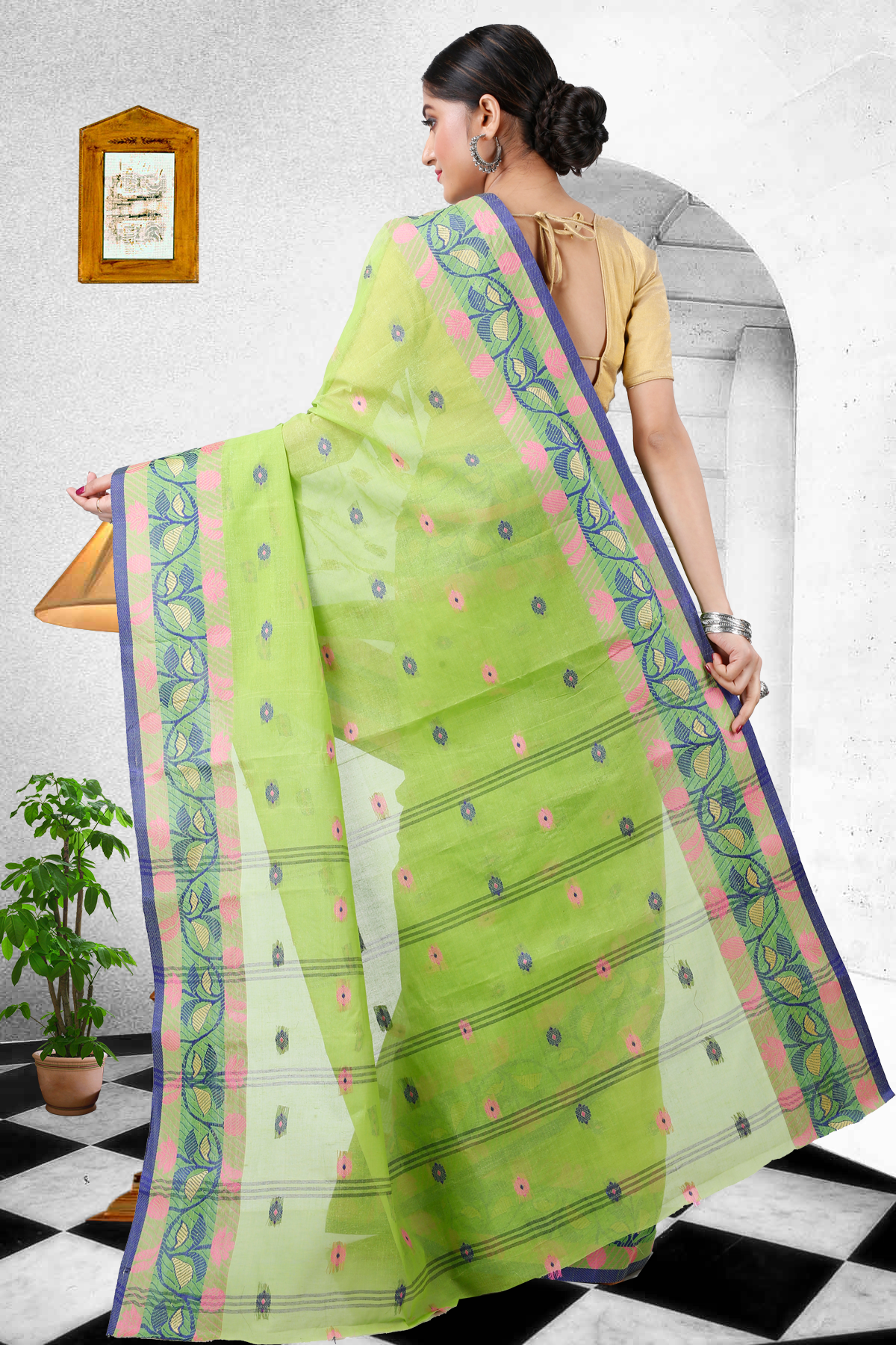 Olive Green Pure Cotton Govindi Tant Saree (938)