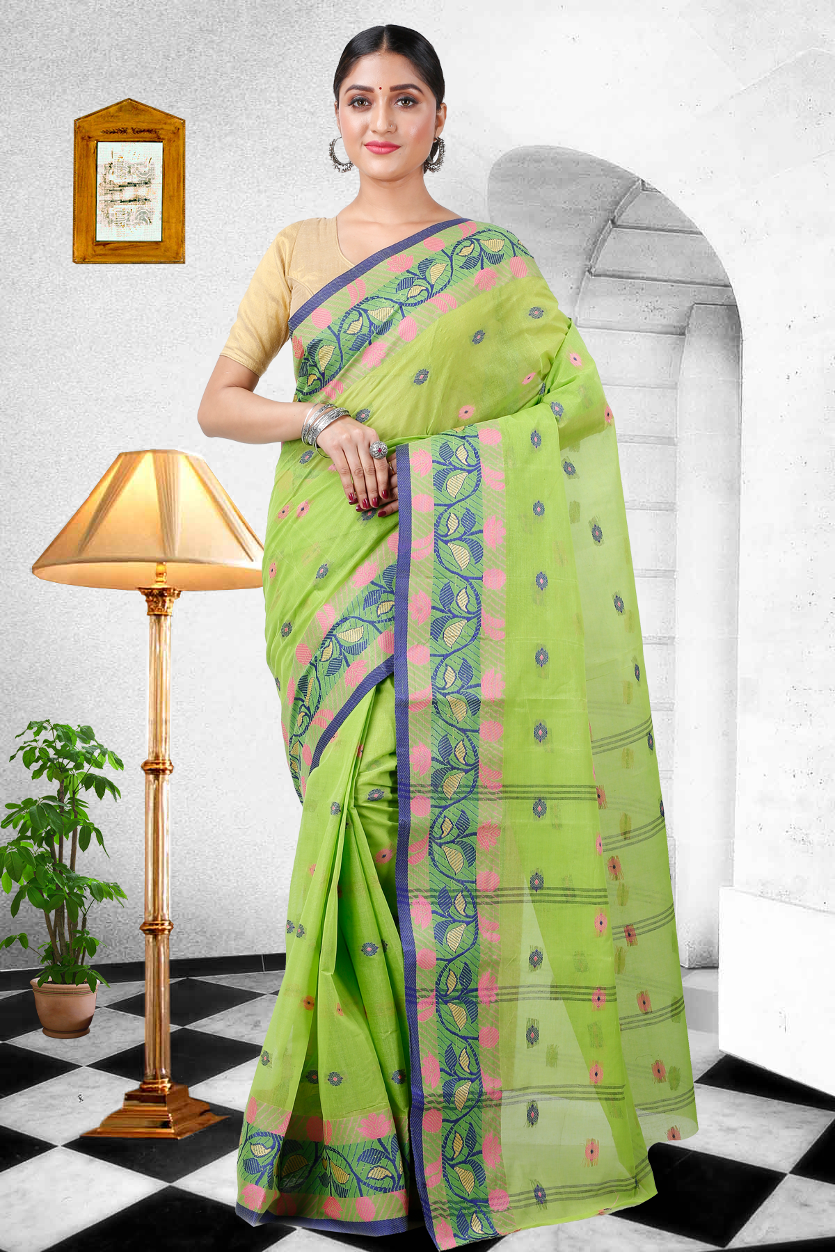 Olive Green Pure Cotton Govindi Tant Saree (938)