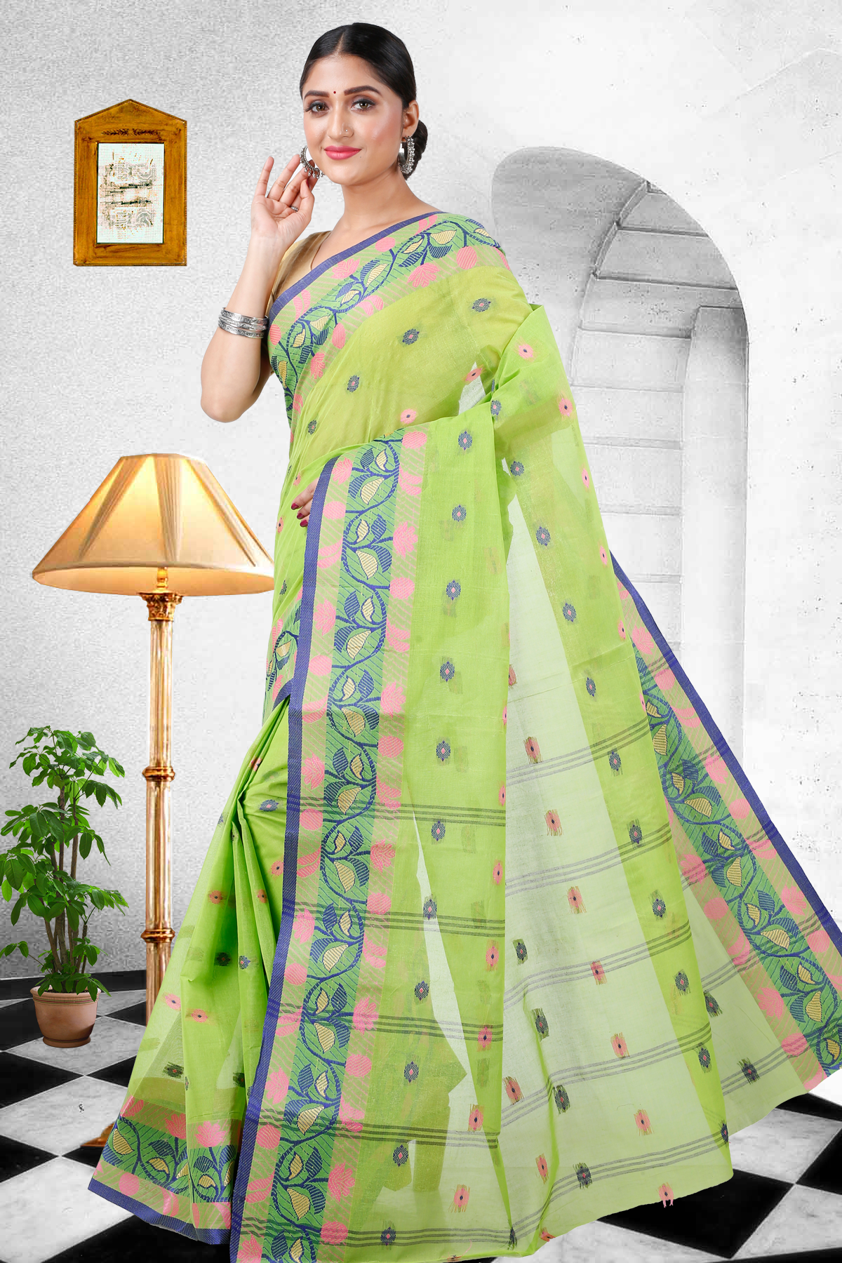 Olive Green Pure Cotton Govindi Tant Saree (938)