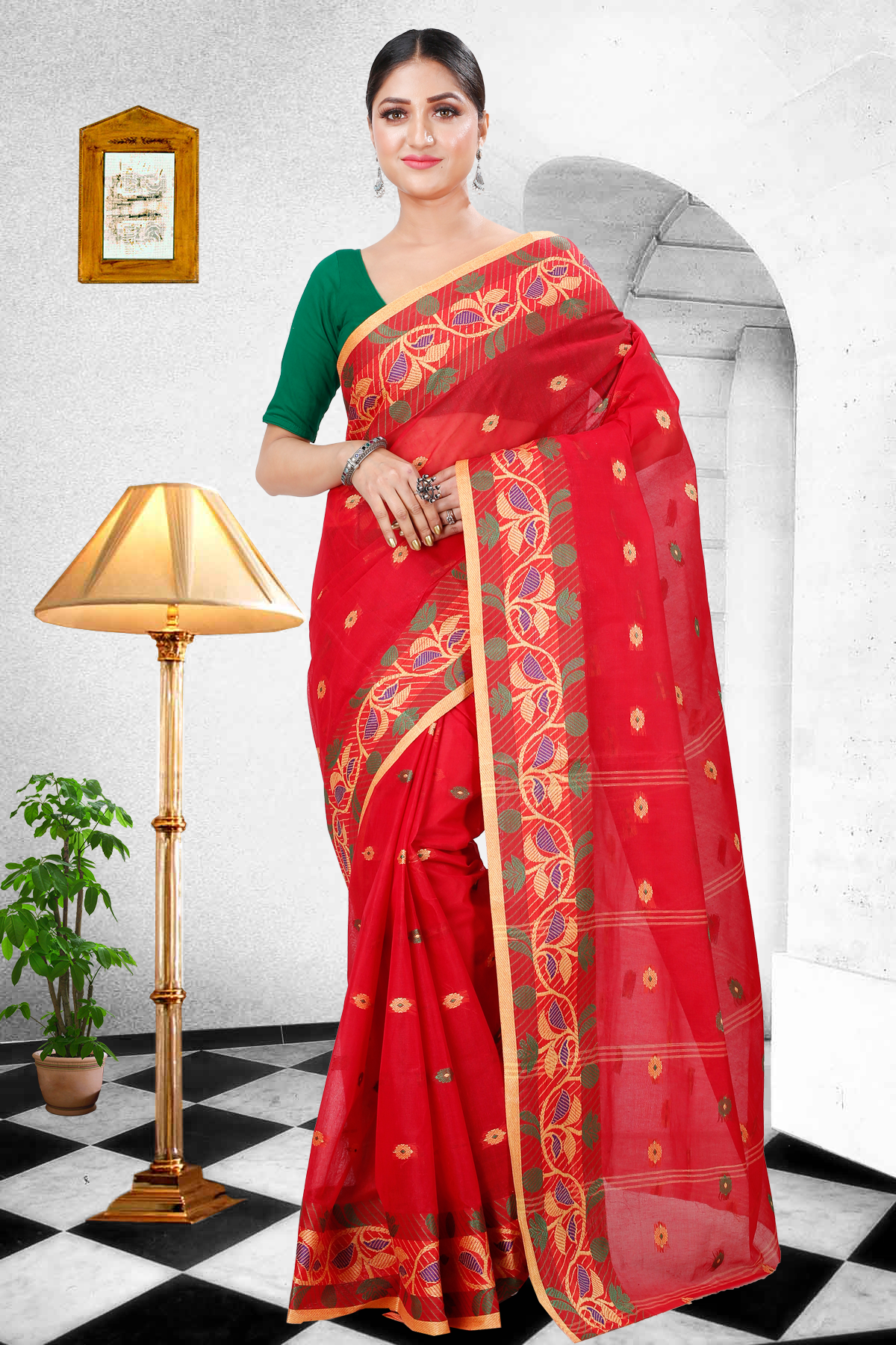 Red Pure Cotton Govindi Tant Saree (940)
