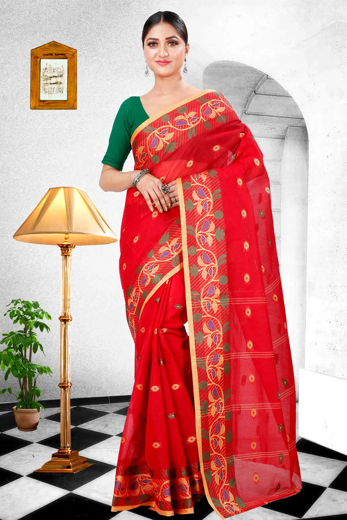 Red Pure Cotton Govindi Tant Saree (940)