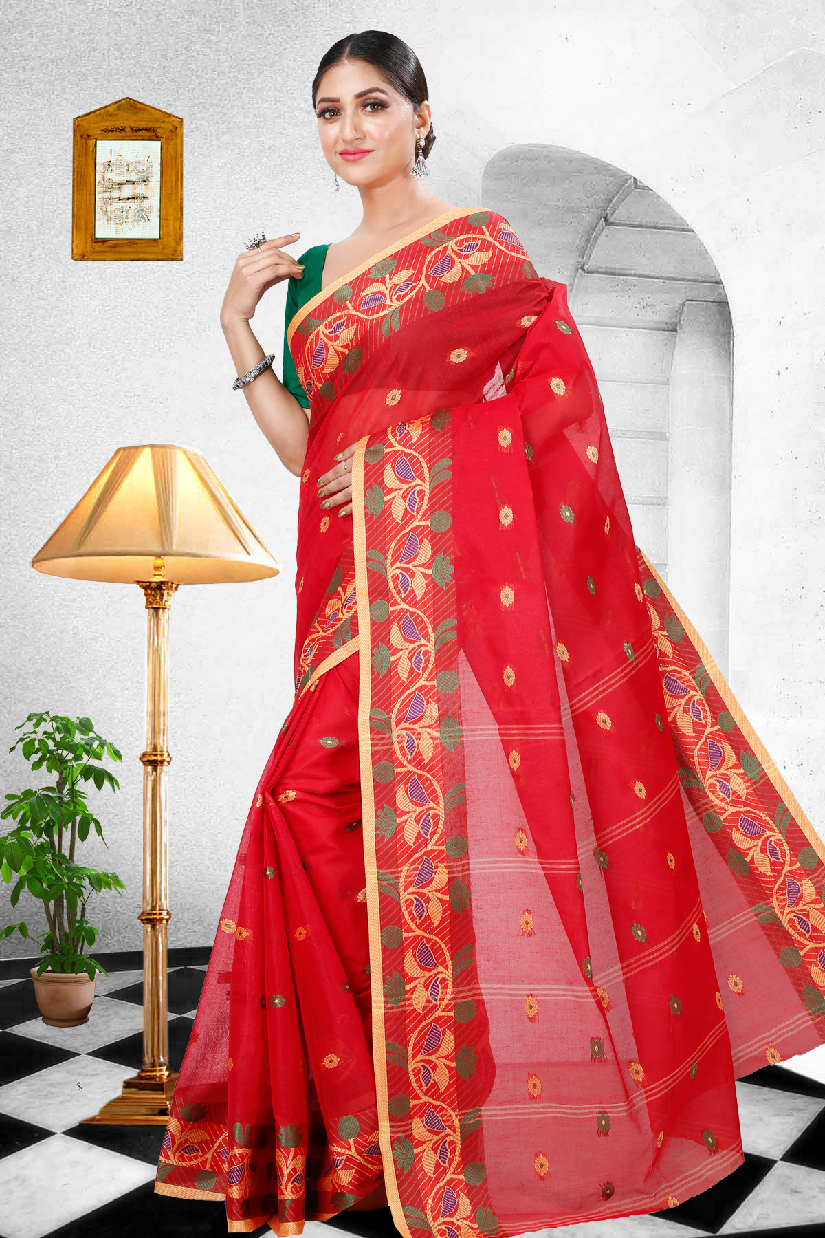Red Pure Cotton Govindi Tant Saree (940)