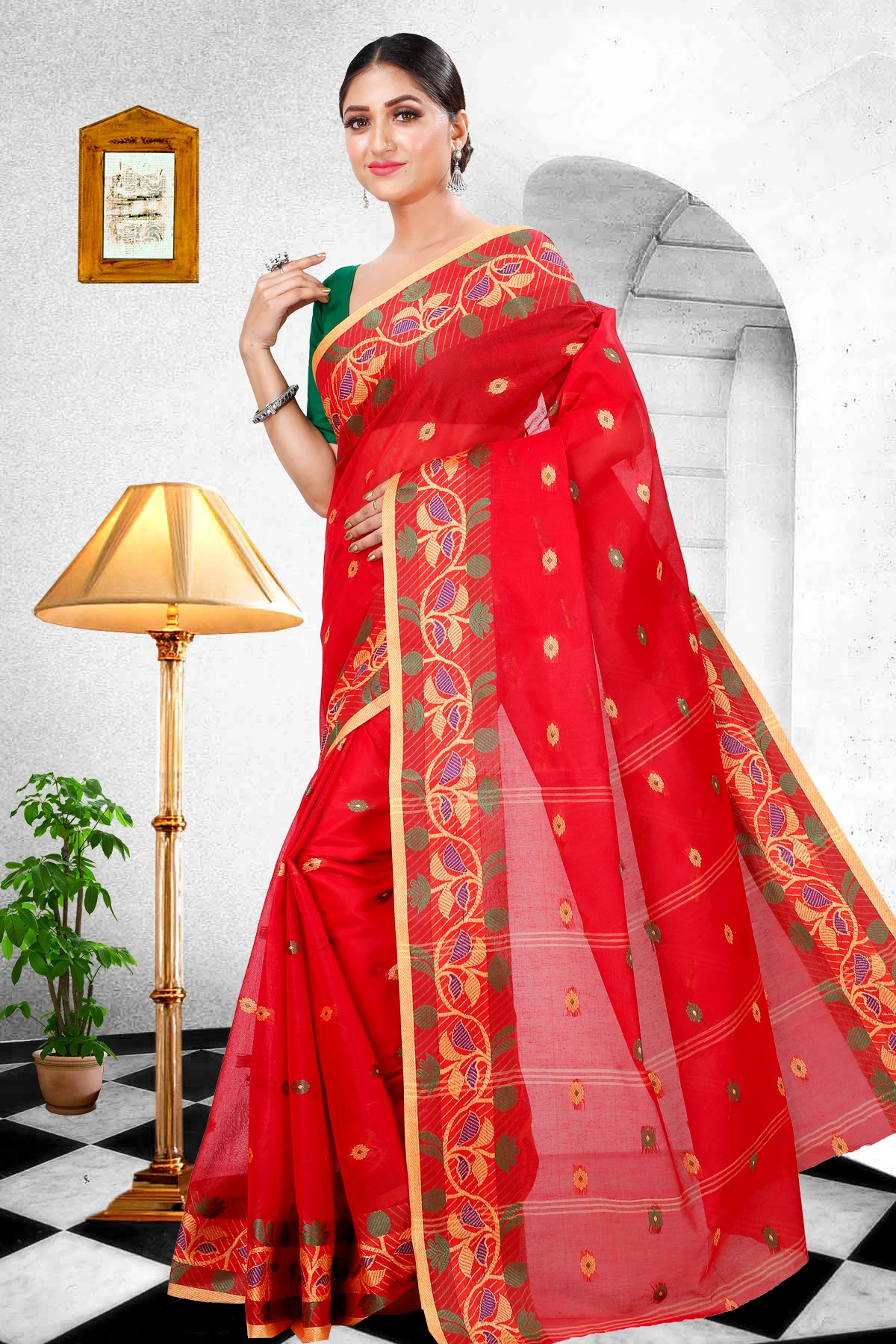 Red Pure Cotton Govindi Tant Saree (940)