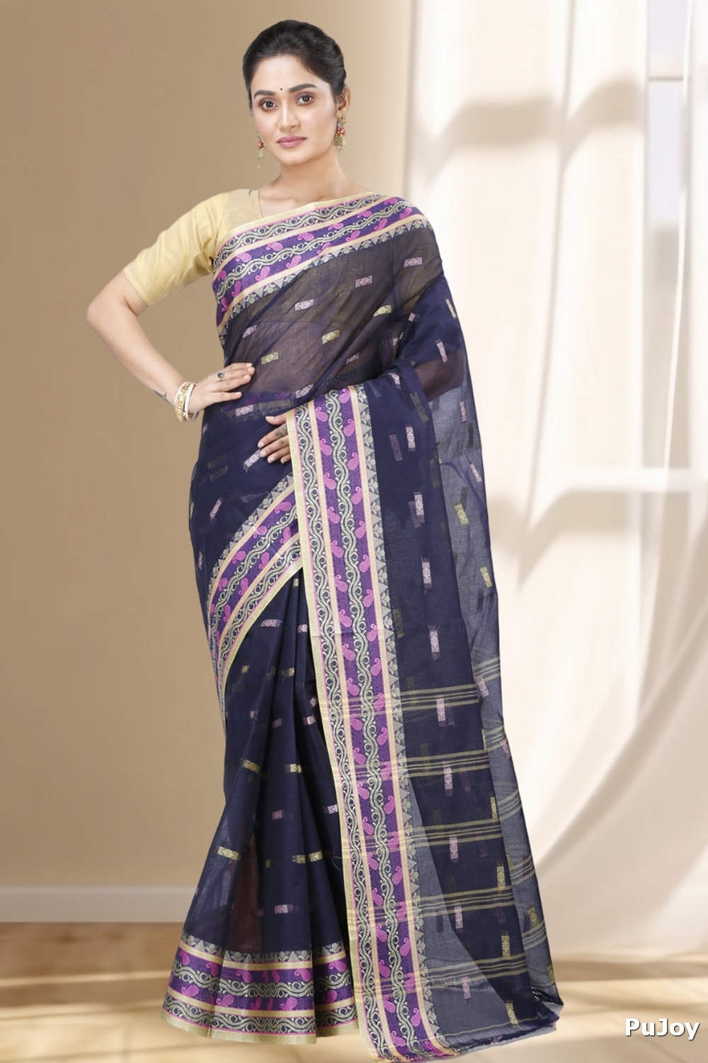 Night Blue Pure Cotton Gayatri Tant Saree (945)