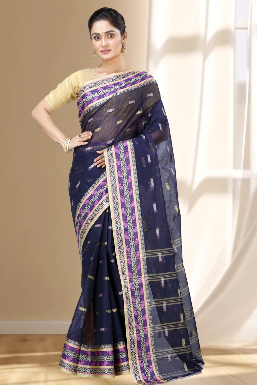 Night Blue Pure Cotton Gayatri Tant Saree (945)
