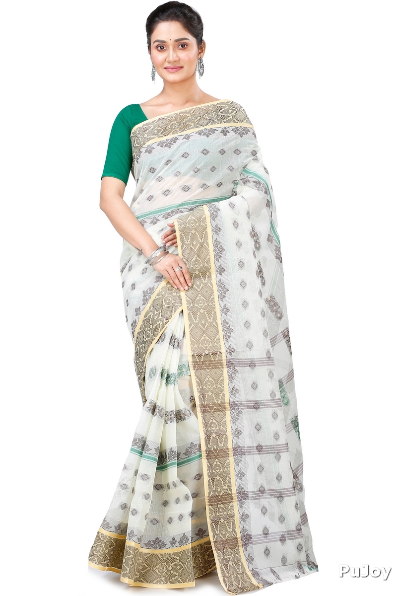 White Pure Cotton Ghusoon Tant Saree (949)