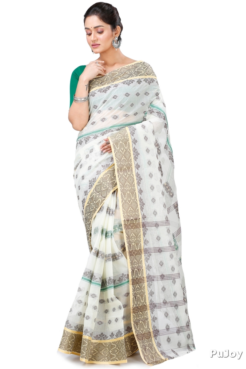 White Pure Cotton Ghusoon Tant Saree (949)