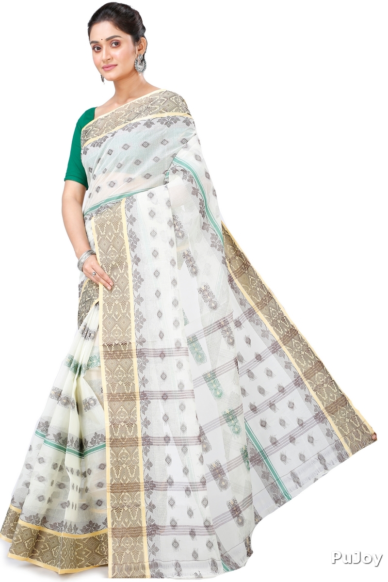 White Pure Cotton Ghusoon Tant Saree (949)