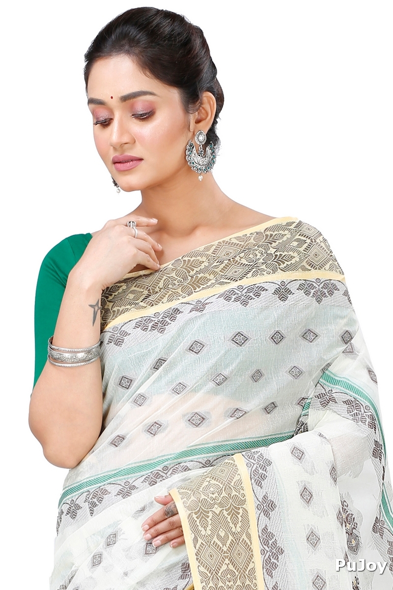 White Pure Cotton Ghusoon Tant Saree (949)